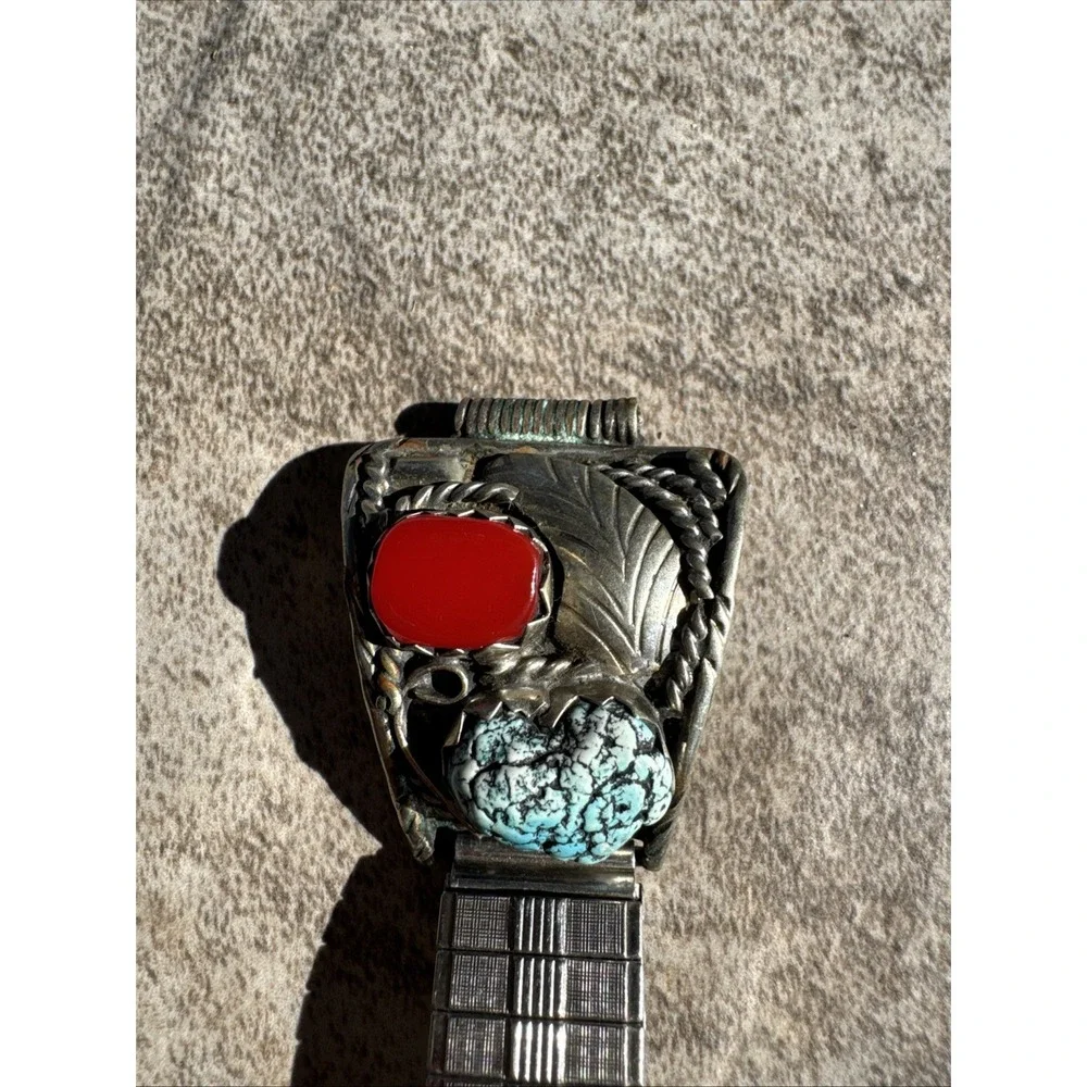 Vintage Native Sterling Silver Turquoise Coral Mens Watch Band
